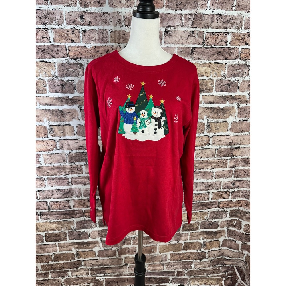 Bechamel Red Long Sleeve Snowman Applique Christmas Holiday T Shirt Women's L